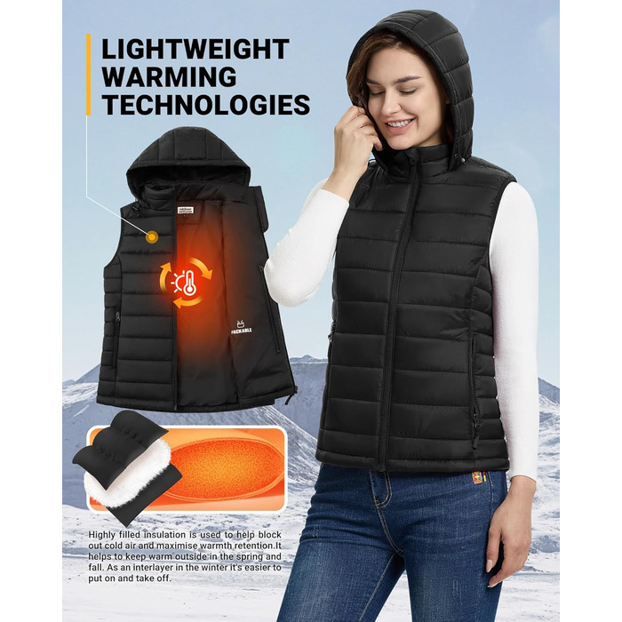 Стьобана жилетка Outdoor Ventures з капюшоном для жінок: тепла спортивна жилетка для походів, кемпінгу та їзди на велосипеді, чорна, XXL