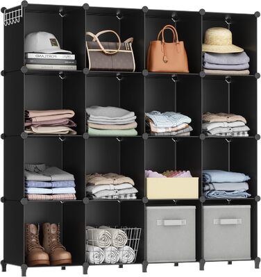 Wardrobe, Portable Shelving System, Plastic Closet with 2 Hanging Rods, Bedroom Wardrobe Closet White (Black)