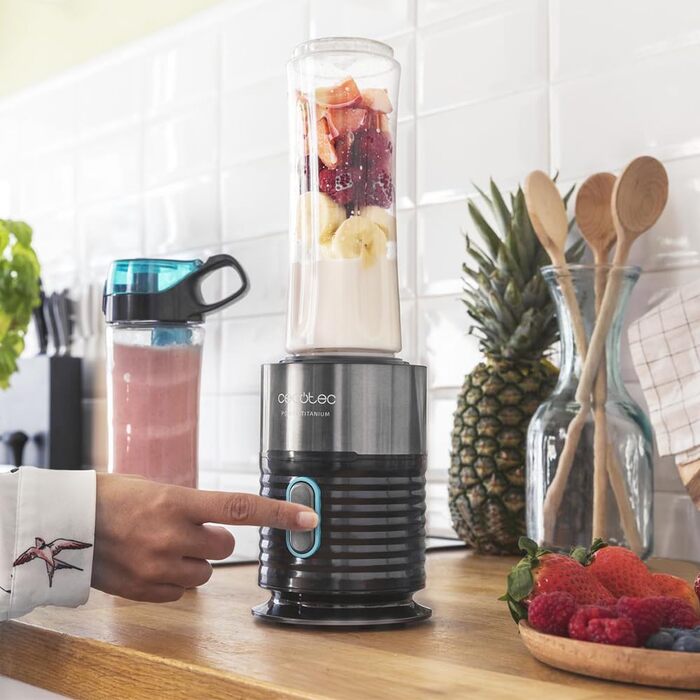 Cecotec EasyGo Portable Single Blender - Power Titanium 300 | Ice Crushing, 350W, 4 Titanium-Coated Blades, 2 Cooling Tubes, 2 Bottles, 2 Lids