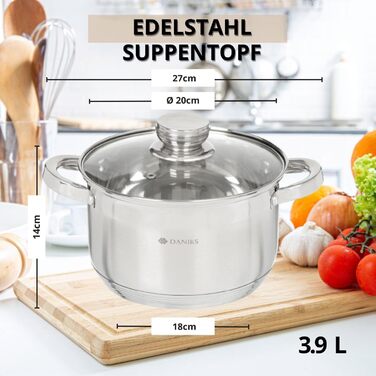 Danik Standard Stainless Steel Cooking Pot with Glass Lid, 20 cm, 4 Liters, Soup Pot/Noodle Pot/Pasta Pot, Silver
