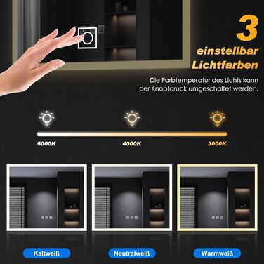 Дзеркало для ванної кімнати SONNI з LED-підсвічуванням, 100 x 60 см, антизапарник, IP44, сенсорне керування, 3 кольори світла, білий