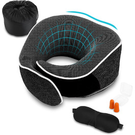 Подушка для шиї з піною Memory Foam, комплект з маскою для очей, навушниками та чохлом, ергономічна, для подорожей (темно-сіра)