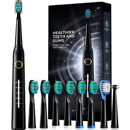 Електрична зубна щітка Demita зі звуковими вібраціями, 8 насадок, 40000 VPM, 5 режимів, швидка зарядка (30 днів роботи), чорний (S1)