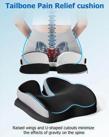 Подушка для сидіння Xespis: ергономічна, з піною Memory Foam, для офісного крісла, ортопедична, для підтримки попереку та куприка, для зменшення тиску на сідниці, для інвалідного візка (чорна)