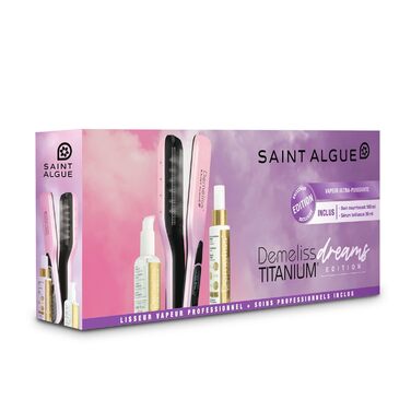 Випрямляч для волосся Demeliss SAINT ALGUE TITANIUM DREAM EDITION з титановим покриттям, плаваючі пластини, потужний пар, знімний гребінець, XL-резервуар 40 мл, рожевий/фіолетовий