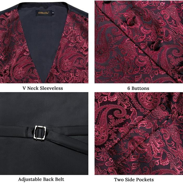 Набір DiBanGu для чоловіків: шовкова жилетка та краватка з візерунком Paisey, бант, формальна жилетка для весілля, вечірки, 6 шт. (L, Бордовий)