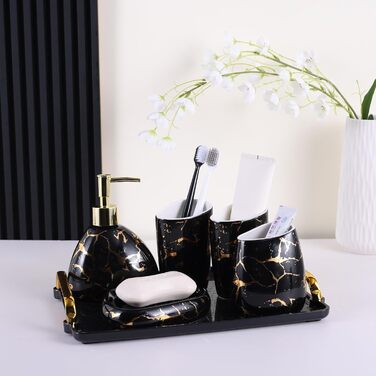 Black bathroom accessory set, gold marble look, modern 6-piece bathroom accessory set, complete with soap dispenser, toothbrush holder, cup, tray, countertop.