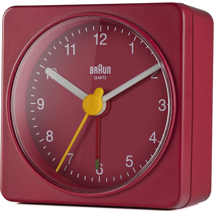 Braun Classic Analog Travel Alarm Clock, compact size, quiet quartz movement, crescendo alarm in red, model BC02R.