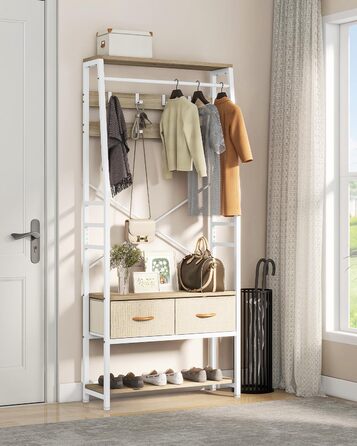 YITAHOME Entryway Bench with Shoe Cabinet, Freestanding Coat Rack with Bench and 2 Folding Drawers, Industrial Coat Rack with 8 Hooks for Entryway, Living Room, Bedroom, Metal Frame, Rustic Brown (Beige)