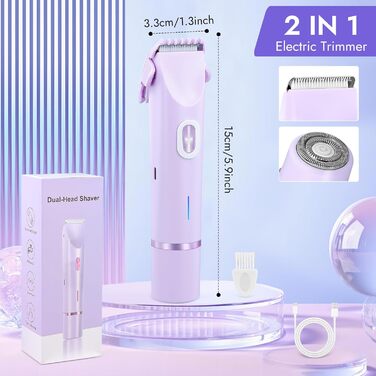 Електричний жіночий тример 2-в-1 для обличчя, тіла та брів, водонепроникний, фіолетовий