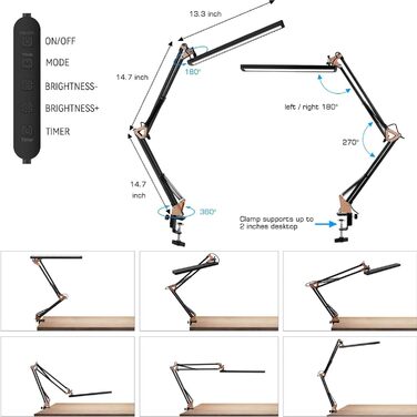 SKYLEO Dimmable Desk Lamp with Clip - Eye Protection LED Desk Light - 3 Modes & 10 Brightness Levels - Black (Rose Gold & Black)