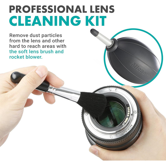 Набір для чищення DSLR камери Movo з 10 щітками для сенсора APS-C, рідина для чищення сенсора, повітряний пилосос Rocket, олівець для лінз, м'яка щітка, 2 мікрофібрових тканинок малого та 2 великого розміру, та сумка для зберігання