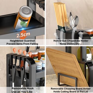 Стійка для спецій Devesanter на 2 яруси, велика місткість, з контейнерами, органайзер для кухні, з підставкою для дощок, з гачками, чорний