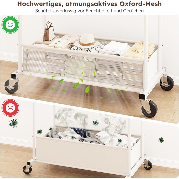 Подвійний мобільний вішак для одягу з кошиком для білизни, металевий (110 кг), білий - міцний вішак для пальт, суконь, светрів