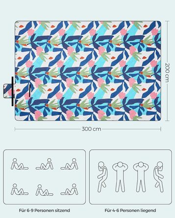 Пікнік килим SONGMICS 300x200 см, водонепроникний, складний, для кемпінгу, саду, пляжу, машинне прання, яскравий візерунок «Папороть»