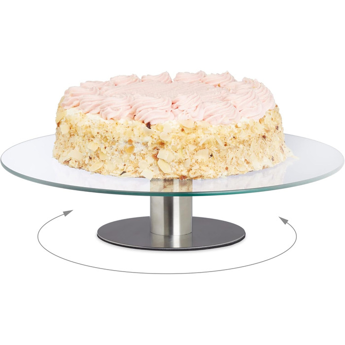 Тортниця Relaxdays з підставкою, Ø 30 см, для сервірування, поворотна, скло та нержавіюча сталь, прозора/срібна