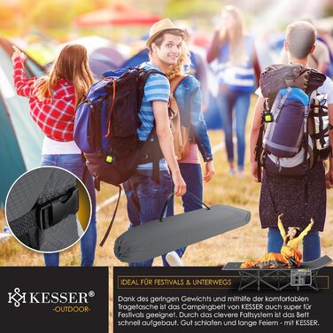 Кемпінгове ліжко KESSER®: стабільне розкладне ліжко для відпочинку на природі, 210 см, 600D Oxford, з сумкою та ліхтарем