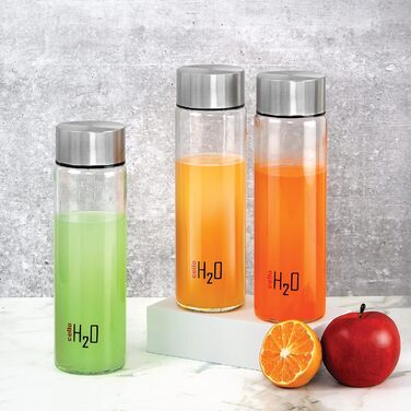 H2O Steelox Glass Water Bottle, Refrigerator Bottle, Wide Opening for Easy Cleaning, Bottle for Hotel, Travel, Office, University, 3-Piece Set, 920 ml, Silver