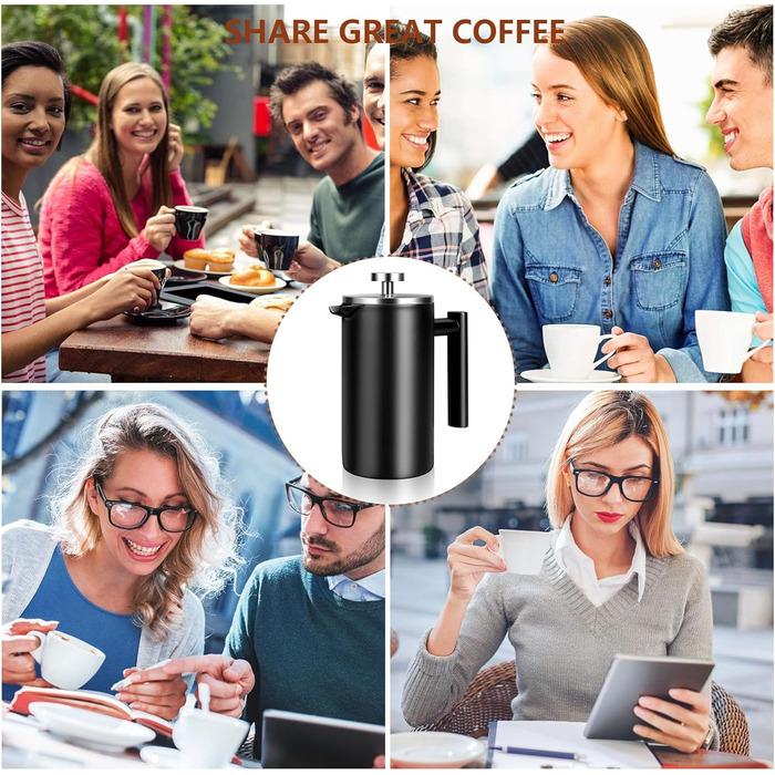 French Press Coffee Maker, 100 ml, large, insulated, robust premium stainless steel, 4-6 cup capacity, coffee press, French press plunger, teapot, black