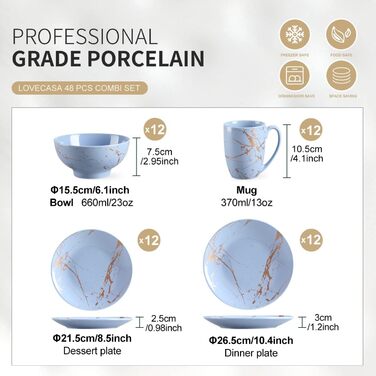 LOVECASA Сервіз столовий порцеляновий, 48-штучний набір посуду Sweet 16, сервіз для їжі з золотим декором, для 4-12 осіб, лавандовий колір