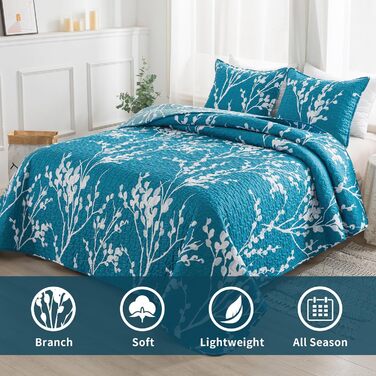 Набір постільної білизни Andency з квітковим принтом, King-Size (277x244 см), 3-частини (блакитно-зелена ковдра з принтом та 2 наволочки), літній, легкий, двосторонній, мікрофібра, блакитно-зелений, 