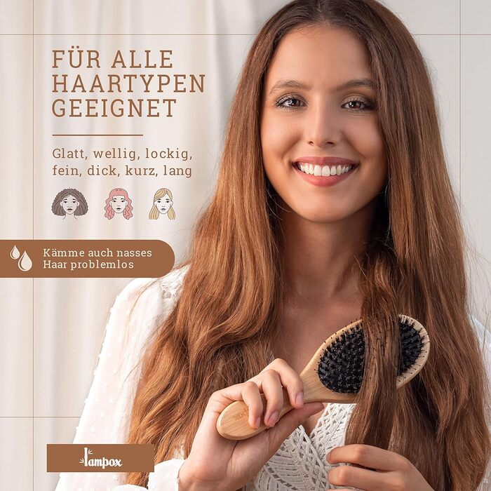 Бамбукова щітка для волосся з щетиною дикого кабана Lampox, масажна щітка для голови, розплутування волосся для жінок, чоловіків та дітей (овальна)