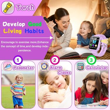 Смарт-годинник Clleylise для дітей 4-12 років: ігри, музика, камера, лічильник кроків, телефонні дзвінки (фіолетовий)