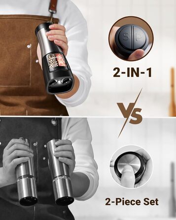 Sangcon електрична млинка 2 в 1 для солі та перцю, USB зарядка, автоматична одноручна, підсвітка, керамічний механізм