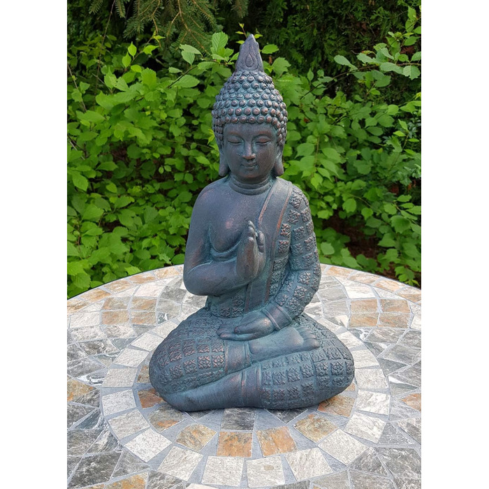 K&L Wall Art Sitting Buddha Figure for Indoor and Outdoor Use, 33cm Feng Shui Decor, Artificial Stone Statue, Zen Garden Figure, Stone (33cm Bronze Look)