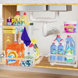 Органайзер для кухонної мийки homicozy, 2-рівневий металевий стелаж з 4 гачками та 1 підставкою, висота регулюється, для зберігання миючих засобів під раковиною, для кухні, ванної, шафи, чорний, 2 шт. білий