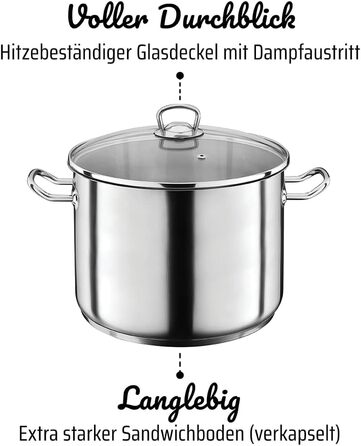 Професійний каструля GSW Jumbotopf з кришкою, 12 л, 28 см, нержавіюча сталь, для супу, макаронів та рагу, для дому та ресторану, срібляста