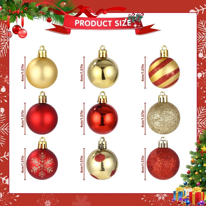 Набір ялинкових прикрас 50 шт. Червоні та золоті кулі для ялинки, міцний пластик, з гачками, для дому та саду