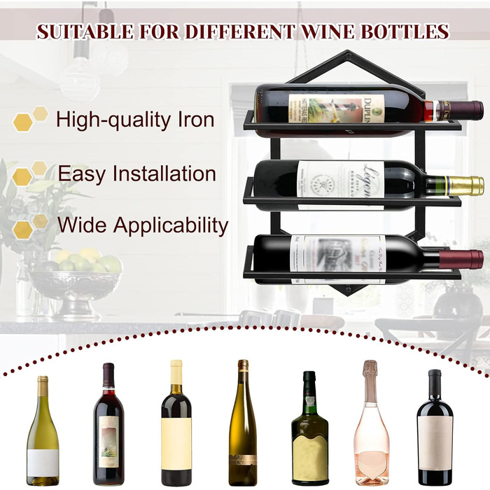 Металева стійка для вина на стіну Giyiprpi, органайзер для 3 пляшок, чорна, для дому, кухні, бару
