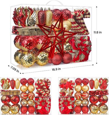 Набір прикрас на ялинку Alupssuc 128 шт. (кулі, квіти, орнаменти) - червоний та золотий, для свят, вечірок