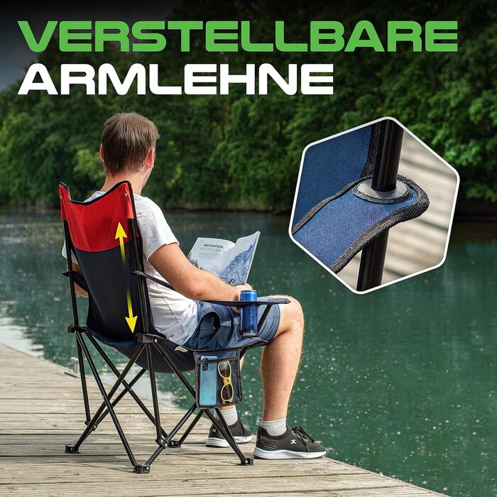 Крісло для кемпінгу MOUNTREX, складане, до 120 кг, з регульованими підлокітниками, для риболовлі, пляжного відпочинку, компактне, легке, з підстаканником та сумкою (блакитне)