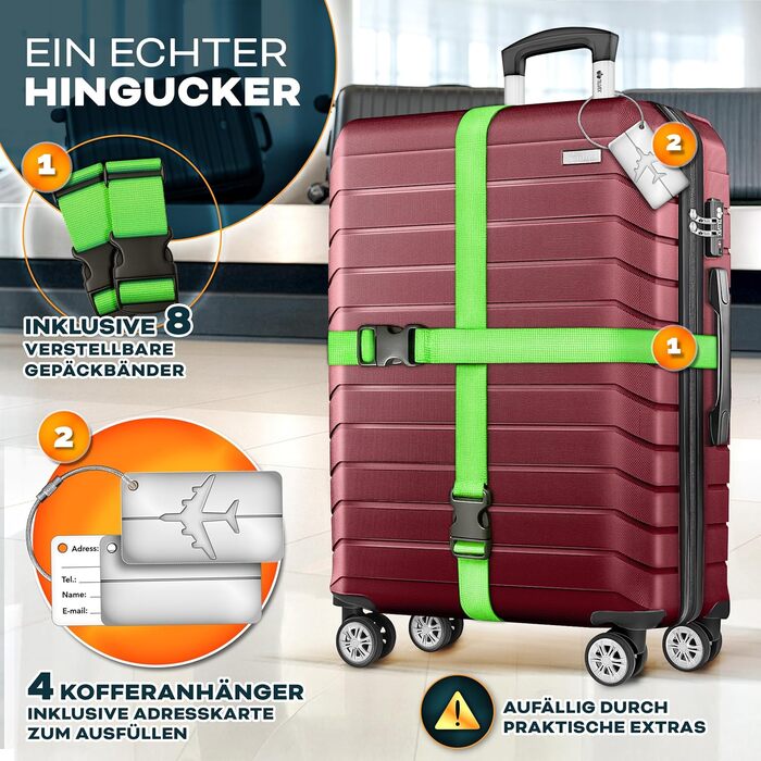 Набір валіз Tillvex® 4 шт. + ваги для багажу, 8 ременів для багажу & 4 брелоки | Валізи на 4 колесах | Роликовий багаж з замком TSA | Валізи з твердим корпусом S-M-L-XL Червоний | Набір валіз 4 шт.
