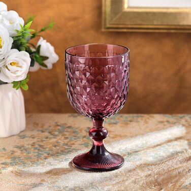 Joeyan 350ml Violet Vintage Wine Glasses with Diamond Embossed Design, Colorful Goblet Glasses Wine Goblet Set for Wine Juice Drinks, Set of 4 Retro Glasses with Stem, Dishwasher Safe