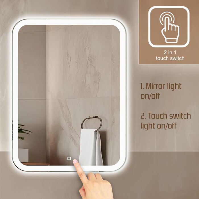 Дзеркало для ванної кімнати Venti 50x70 см з підсвічуванням та сенсорним вимикачем