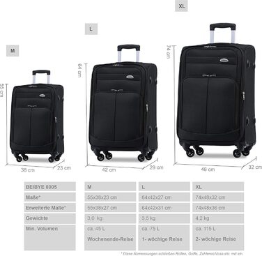 Чемодан тканинний BEIBYE, чорний, XL (74 см) з кодовим замком та додатковою кишенею