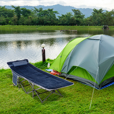 Outsunny Folding Camping Bed, Folding Field Bed, with Pillow, Side Pocket, Mattress, Guest Bed, Supports up to 150 kg, Travel, Outdoor, Oxford, Dark Blue, 188 x 64.5 x 53 cm | Aosom