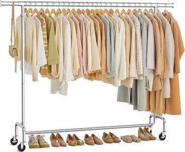 SONGMICS Clothes Rack on Wheels, Coat Rack, Heavy-Duty, Extendable Clothes Rod, Load Capacity up to 110 kg, 45 x (160-200) x 162.9 cm, Metal, Chrome, Silver HSR176E01