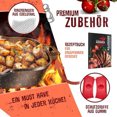 Чавунна сковорода-гриль KESSER® 26 см для індукції, газу, духовки та вугільного гриля | Сковорода для стейків з захисними ручками, кухонна книга та очищувач