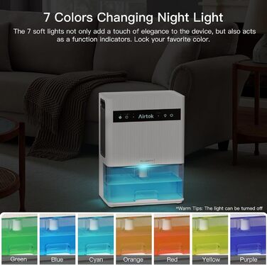 Електричний осушувач повітря Airtok 3000 мл, 35 м² для спальні, підвалу, з таймером, авторозморожуванням, 7 кольорів підсвічування