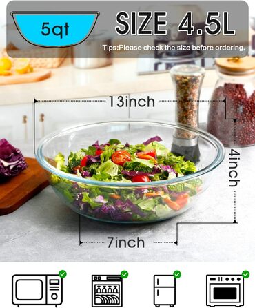 NUTRIUPS 4.5L Salad Bowl, 33cm Glass Bowl, Large Mixing Bowl Glass, Glass Bowl