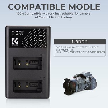 Зарядний пристрій для Canon EOS: K&F Concept, 1250mAh, LP-E17 (сумісний з EOS RP, Rebel T8i, T7i, T6i, T6s, SL2, SL3, EOS M3, M5, M6 Mark II, 77D, 200D, 750D, 760D, 800D)