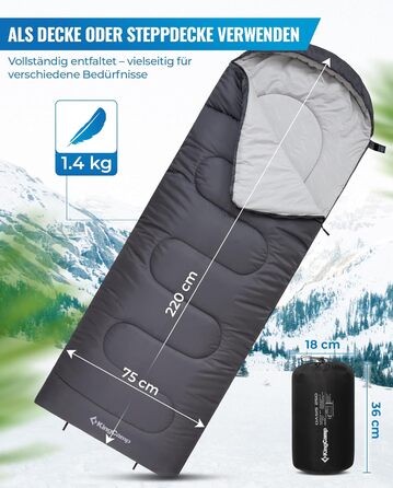 Сплячий мішок KingCamp Oasis для кемпінгу, 3-4 сезони, водовідштовхувальний, легкий, для дітей та дорослих, можна з'єднати між собою, для подорожей та активного відпочинку, сірий, розмір L, 220x75 см