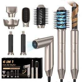 UKLISS 6-в-1 Аirstyler: Іонський фен-щітка з насадкою для локонів, дифузором та щіткою для волосся. Золотий колір. 6-в-1 для створення різноманітних зачісок.