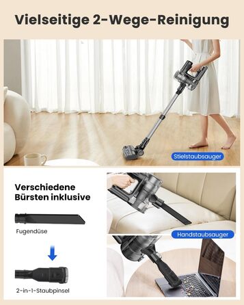 Бездротовий пилосос Proscenic P13: акумуляторний, 45KPa, 550W, 45 хв, з сенсорним екраном, зелене підсвічування, зарядний блок для стіни, анти-намотування, для килимів, твердих поверхонь, автомобіля, шерсті тварин (сірий)