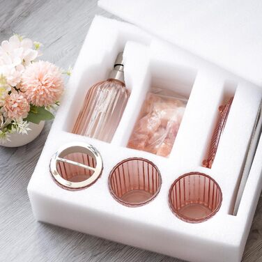 Umimile Bathroom Accessories Set, 6-Piece, Green Glass, Complete Toothbrush Holder, Cup, Lotion Dispenser, Soap Dish, Vanity Organizer, Aromatherapy Cup for Apartment, Bathroom Decor (Pink, 6 Pcs Bathroom Set)