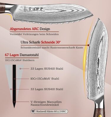 HEZHEN ніж кухарський 21 см з дамаської сталі 67 шарів, професійний, з дерев'яною піхвою, Full Tang з мікарти